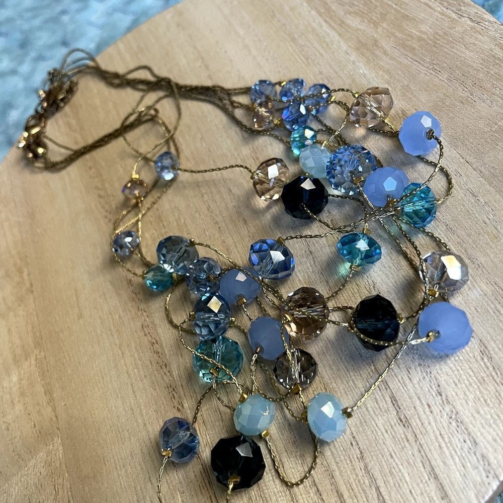 Vintage gold blue purple green buttons multiple cords necklace jewelry statement